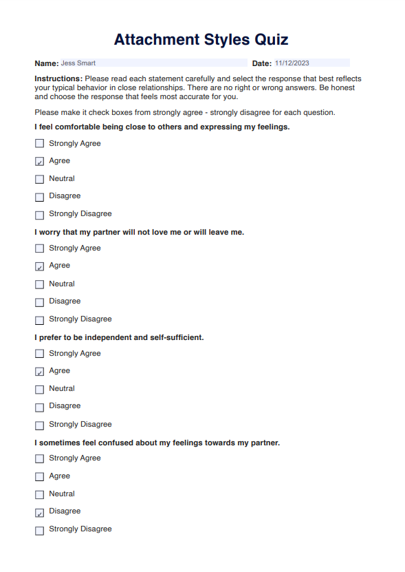 Attachment Style Quiz Example Free PDF Download